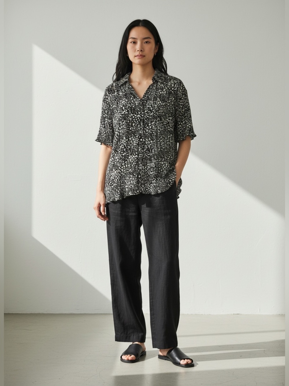 Joie Black and Cream Polka Dot Accordion Blouse